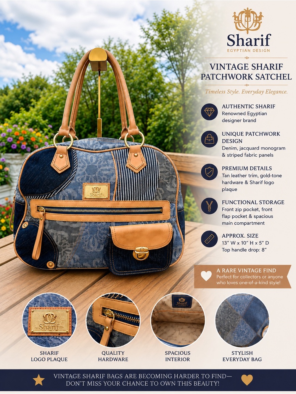 Sharif Vintage Denim Patchwork Satchel Bag Leather Trim Gold Hardware